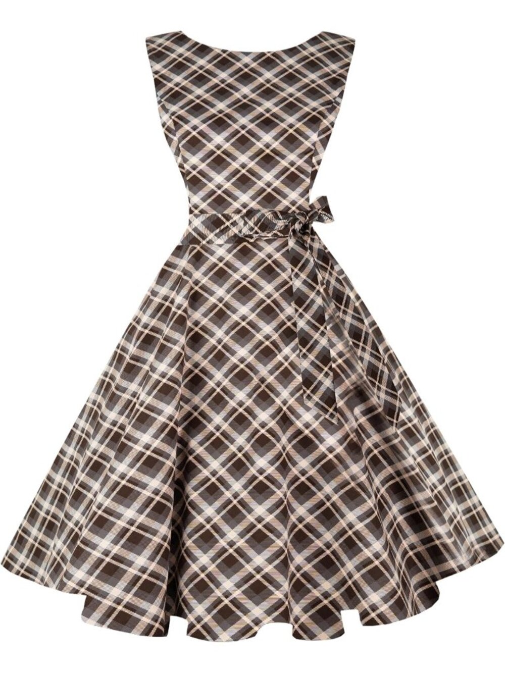 Women's Mocha Plaid Boat Neck Sleeveless Western Zipper Cocktail Maxi Dress